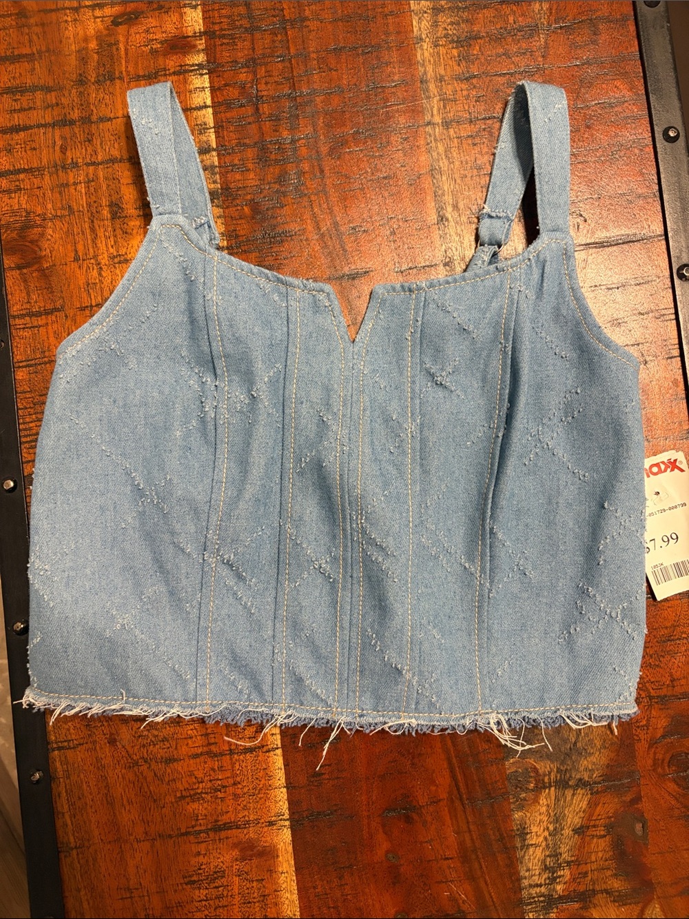 Light Wash Denim Crop Top with Raw Hem and Front Zip